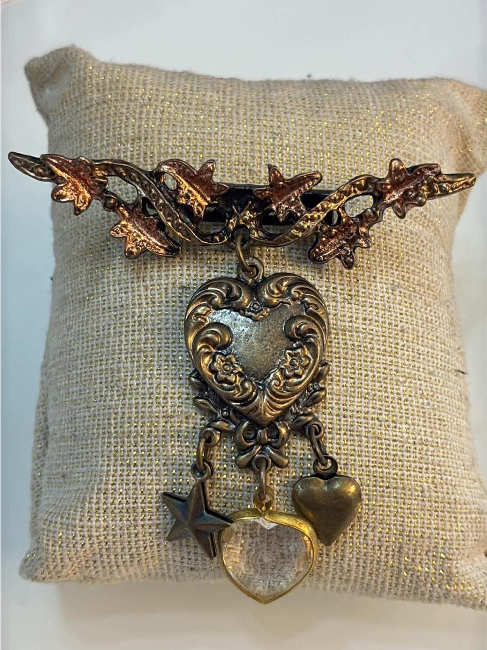 Vintage Heart and Star Charm Brooch — Gold & Copper Tones - Picture 5 of 5